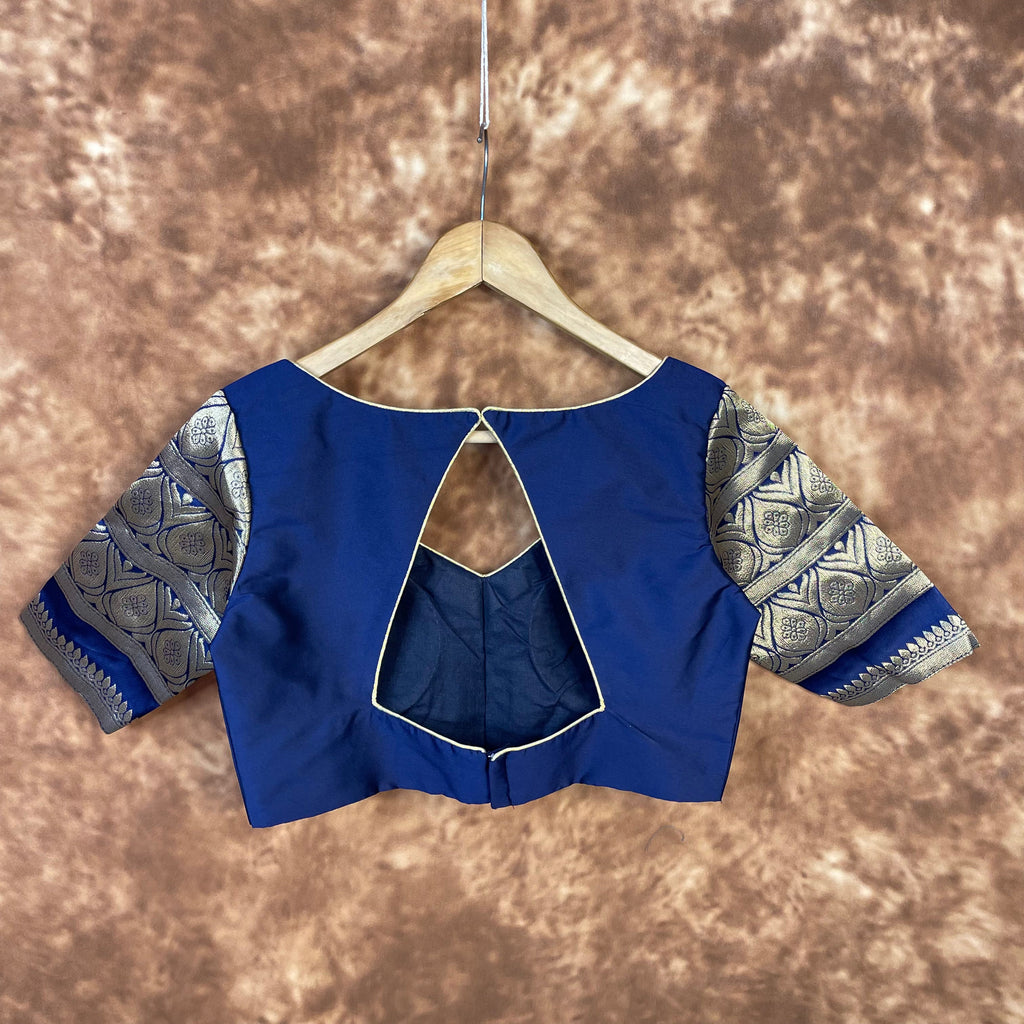 Trypan Blue Blue Coloured Silk / Broket Ready to Wear Blouse - kapda Tailor