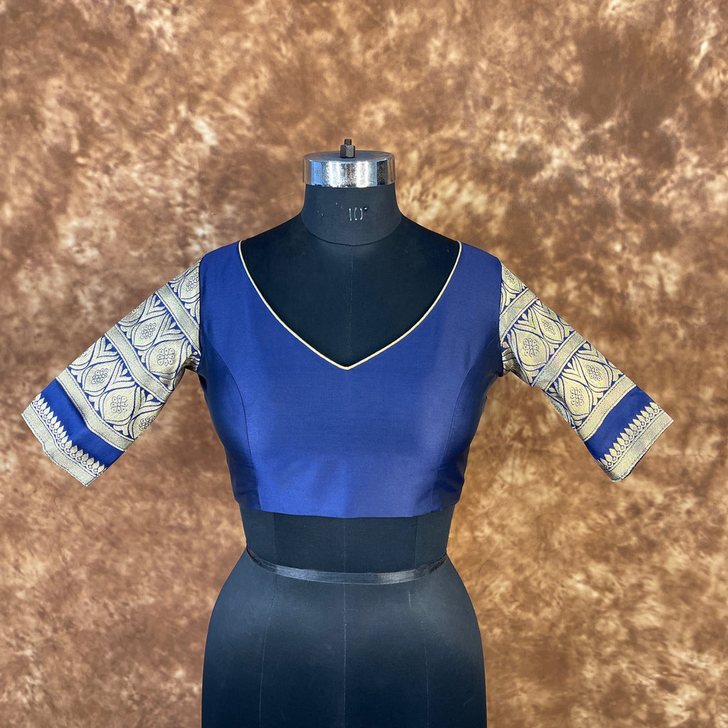 Trypan Blue Blue Coloured Silk / Broket Ready to Wear Blouse - kapda Tailor