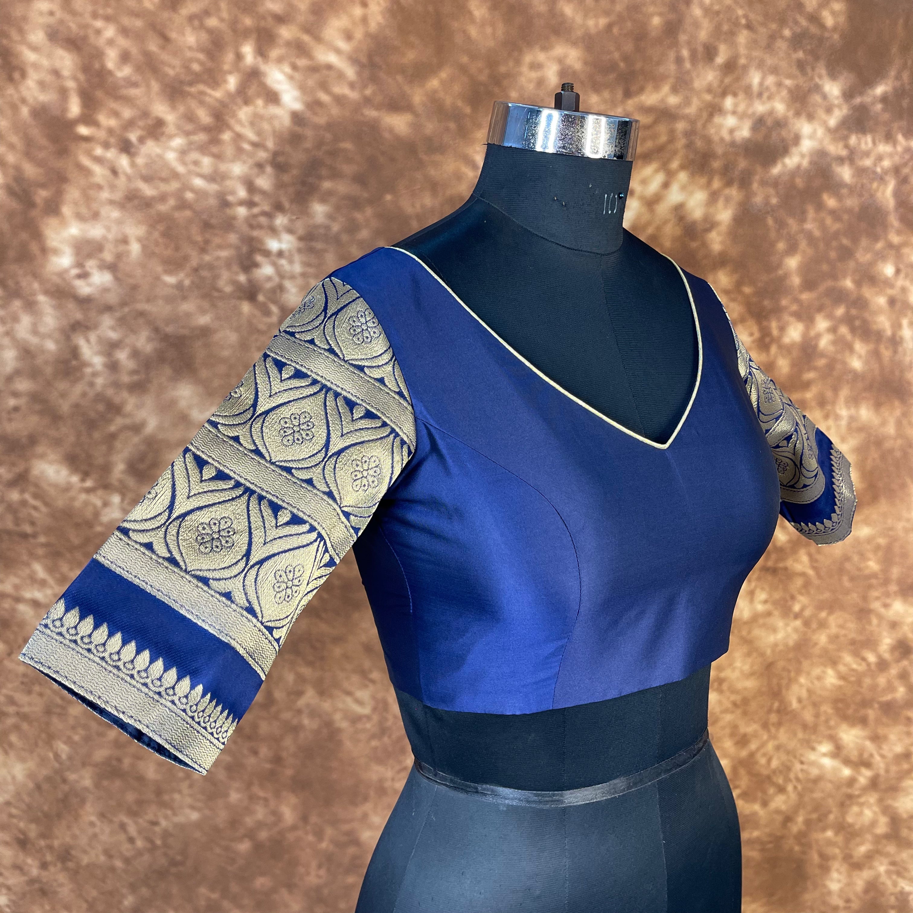 Trypan Blue Blue Coloured Silk / Broket Ready to Wear Blouse - kapda Tailor