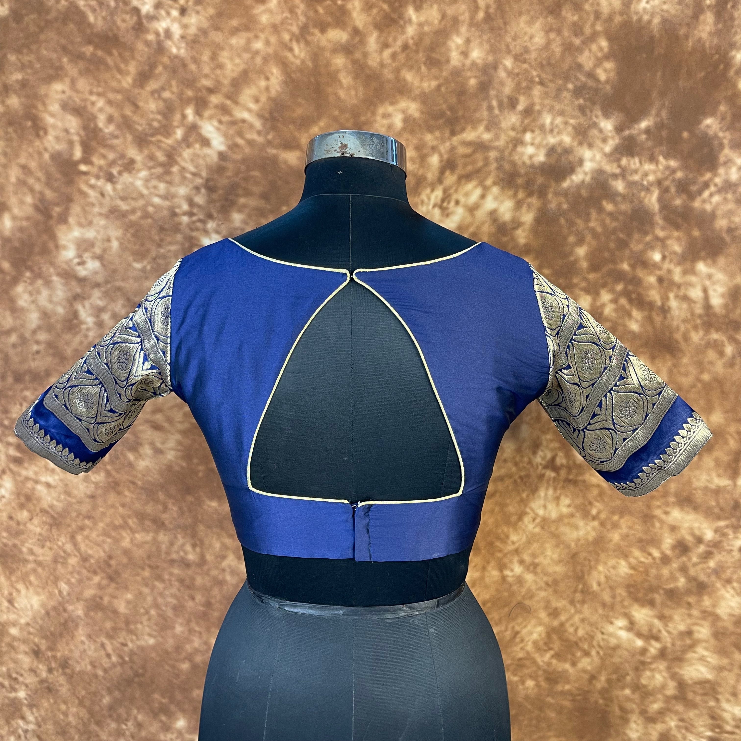 Trypan Blue Blue Coloured Silk / Broket Ready to Wear Blouse - kapda Tailor