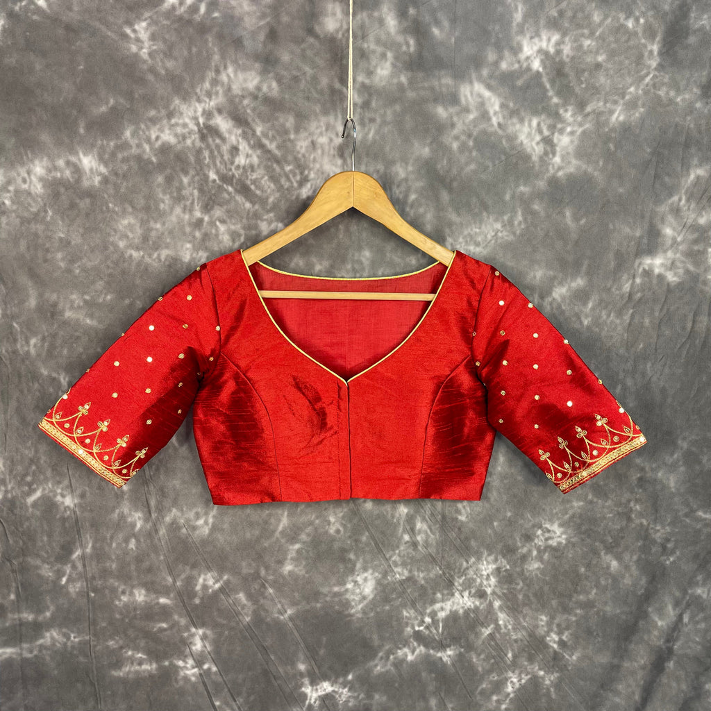 Chaatak Laal Red Coloured Art Row Silk Ready to Wear Blouse - kapda Tailor