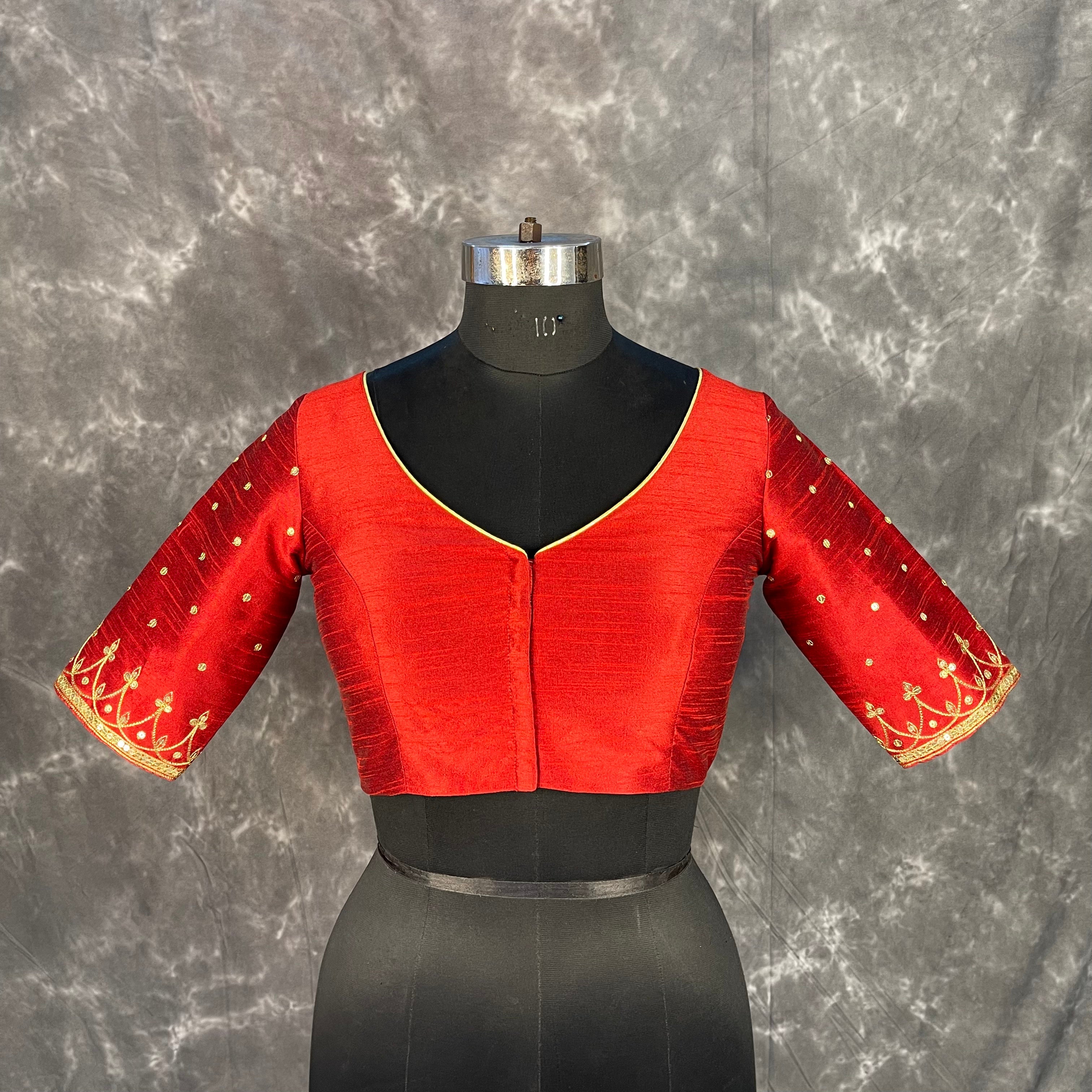 Chaatak Laal Red Coloured Art Row Silk Ready to Wear Blouse - kapda Tailor