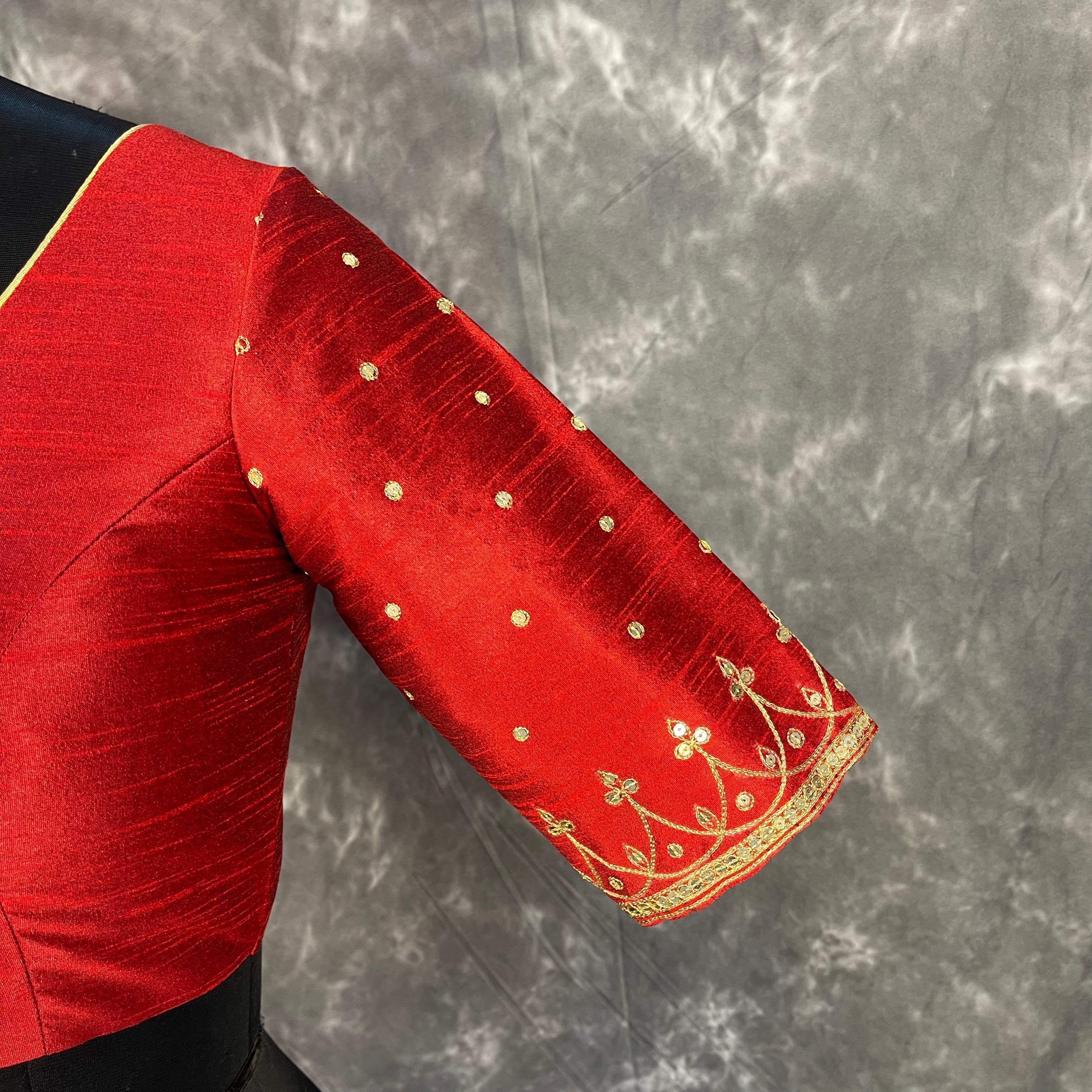 Chaatak Laal Red Coloured Art Row Silk Ready to Wear Blouse - kapda Tailor