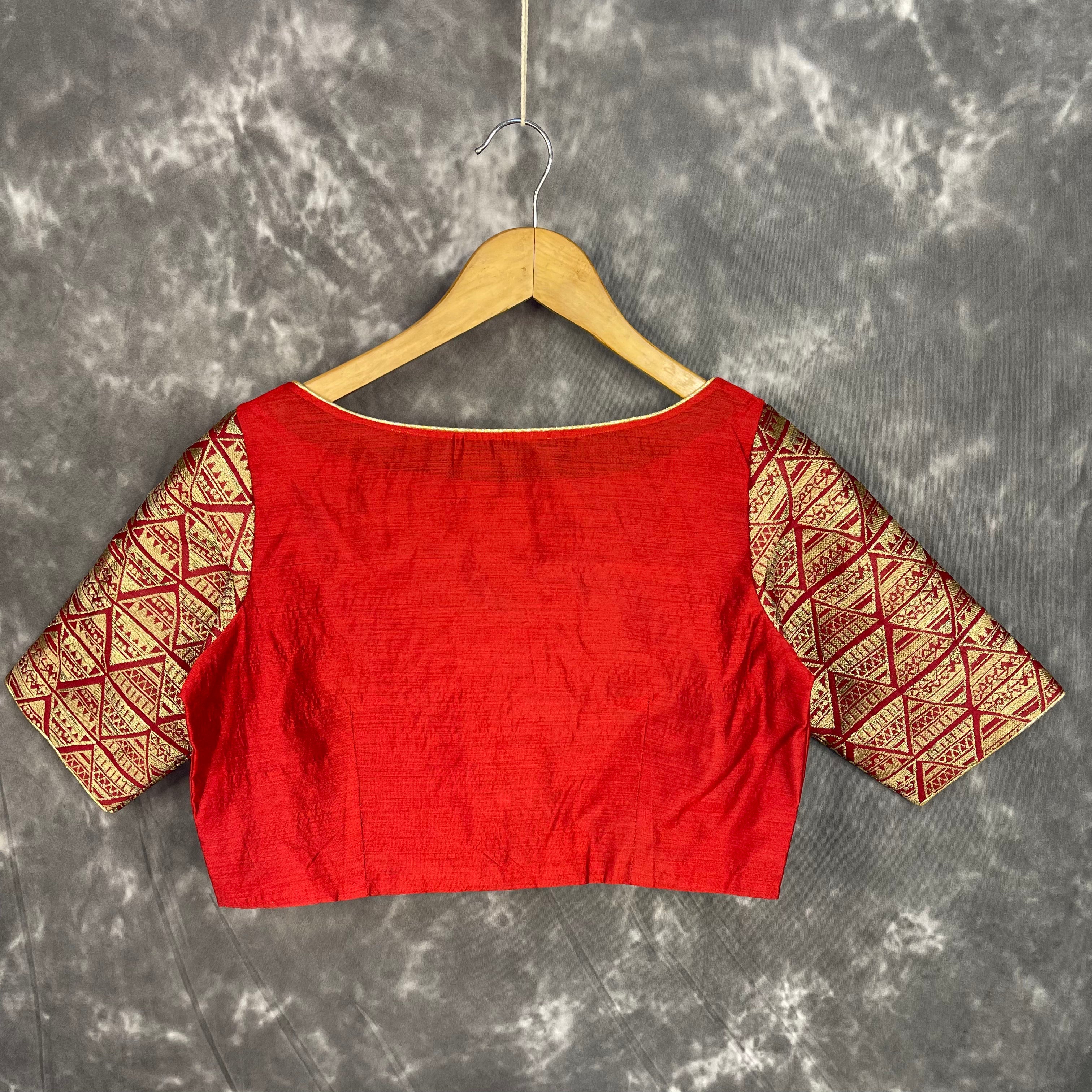 Azaad Paanchi Dark Red Coloured Chanderi Silk / Brocket Ready to Wear Blouse - kapda Tailor