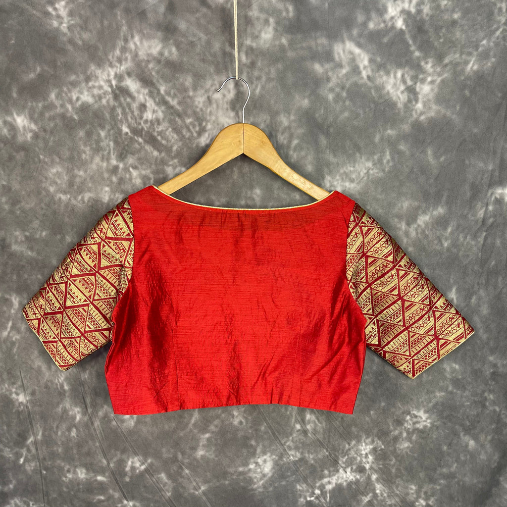 Azaad Paanchi Dark Red Coloured Chanderi Silk / Brocket Ready to Wear Blouse - kapda Tailor