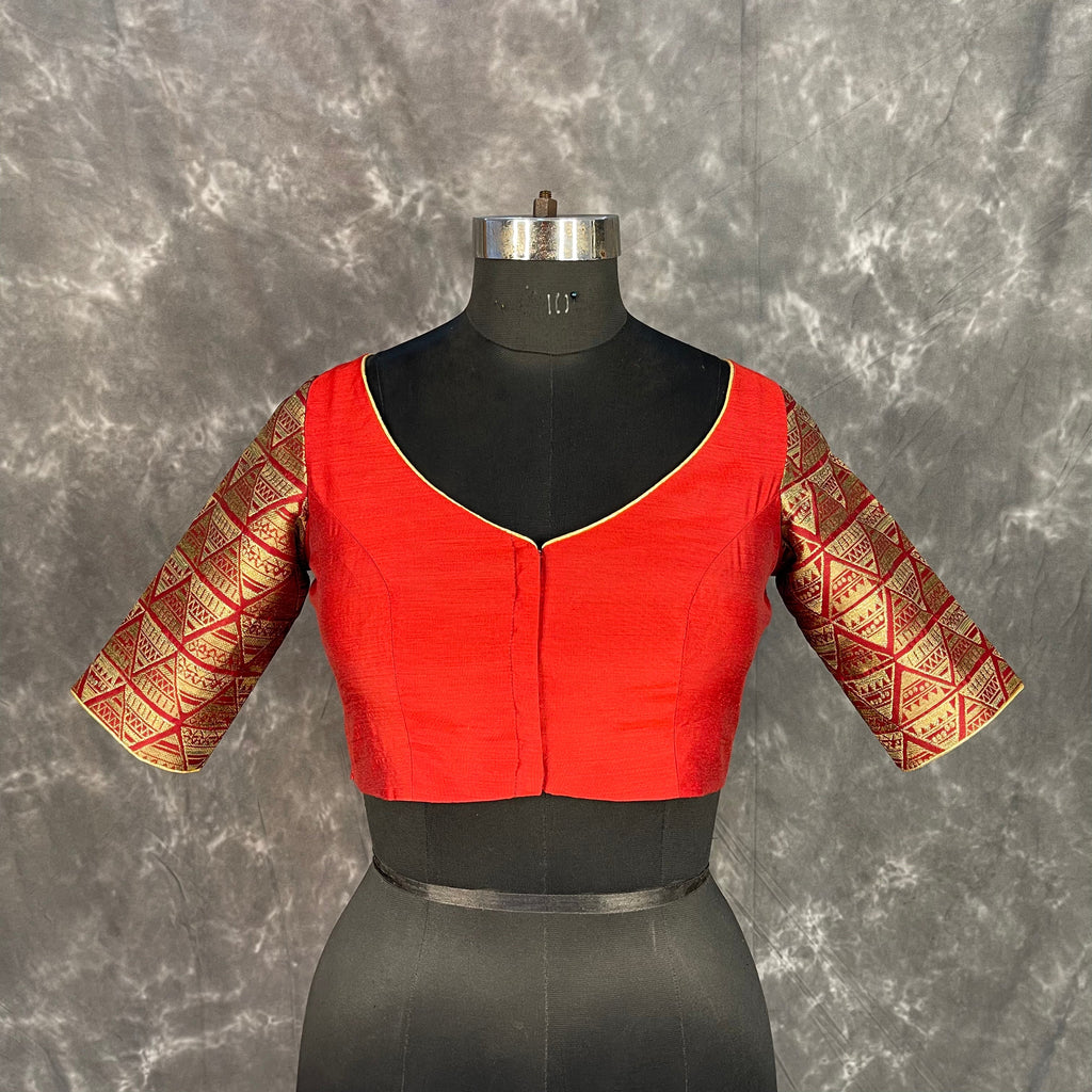 Azaad Paanchi Dark Red Coloured Chanderi Silk / Brocket Ready to Wear Blouse - kapda Tailor
