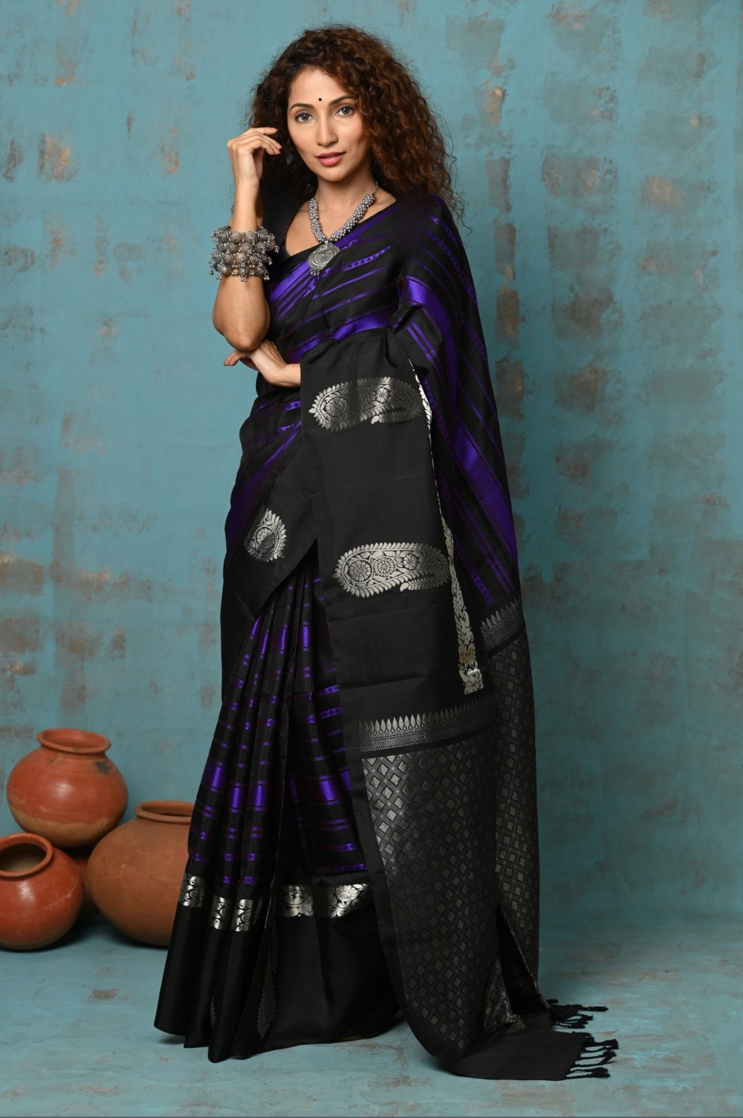 Very Much Indian Anokhi - Handloom Pure Silk Designer Saree - Black and Purple Designer (Limited Edition)