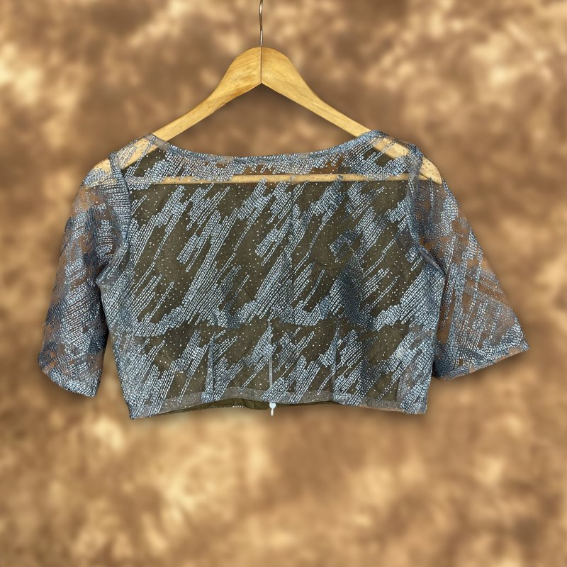 Rubbed Fine Art Sky Gry Coloured Net With Embroidrey Ready to Wear Blouse - kapda Tailor