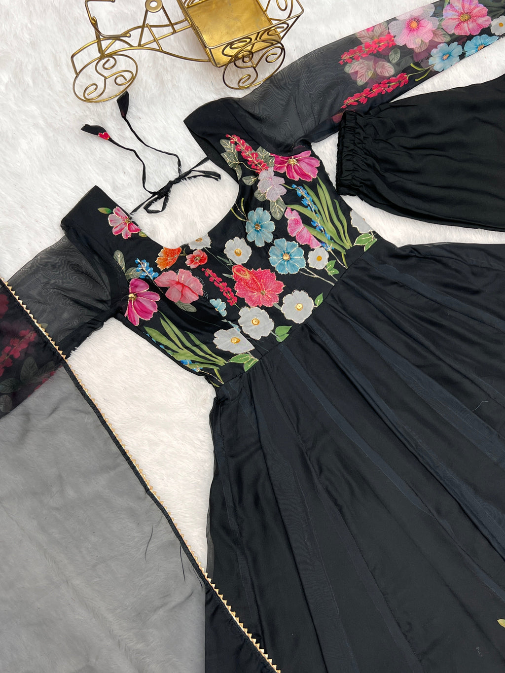 Lorenvalley Fashion Black Soft Organza Silk With Floral Print Fully Flared Anarkali Pant With Dupatta Set - Black