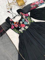 Lorenvalley Fashion Black Soft Organza Silk With Floral Print Fully Flared Anarkali Pant With Dupatta Set - Black