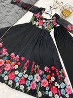 Lorenvalley Fashion Black Soft Organza Silk With Floral Print Fully Flared Anarkali Pant With Dupatta Set - Black