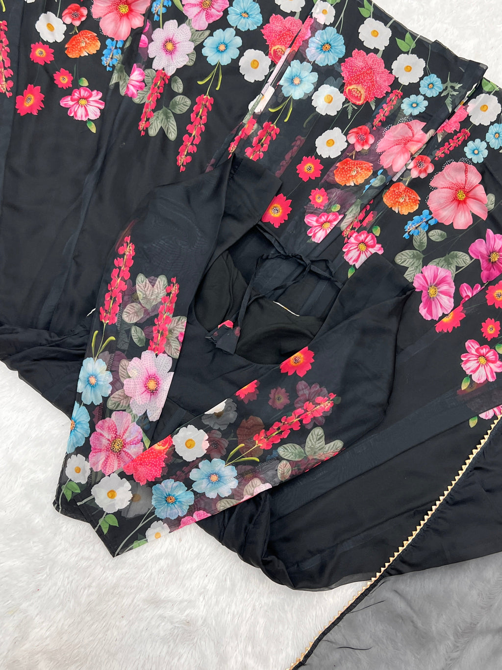 Lorenvalley Fashion Black Soft Organza Silk With Floral Print Fully Flared Anarkali Pant With Dupatta Set - Black