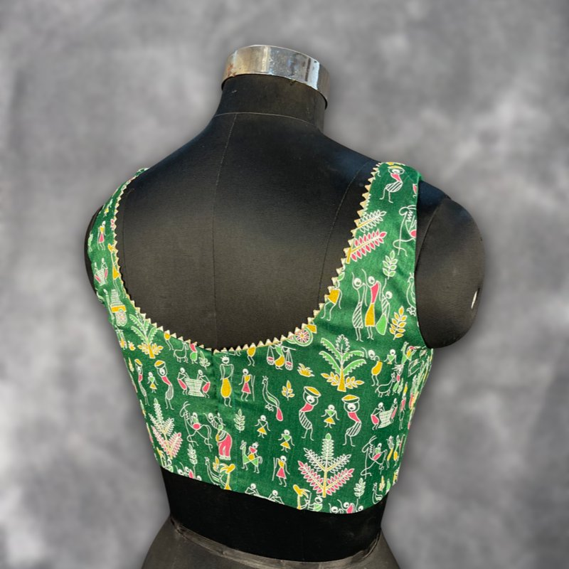 Dreamy Warli Green Coloured Art Row Silk Ready to Wear Blouse - kapda Tailor