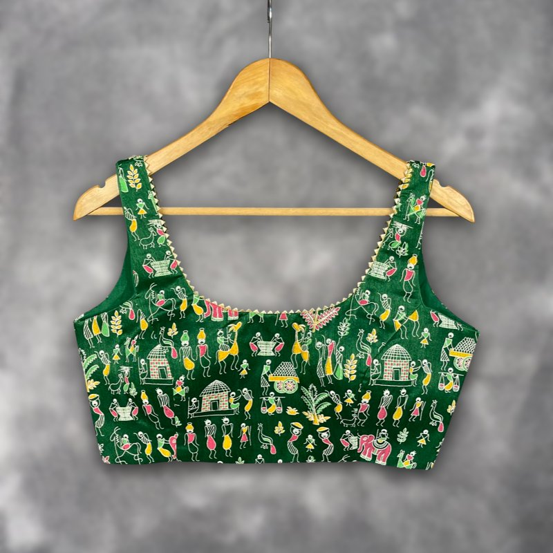 Dreamy Warli Green Coloured Art Row Silk Ready to Wear Blouse - kapda Tailor
