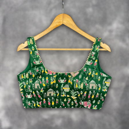 Dreamy Warli Green Coloured Art Row Silk Ready to Wear Blouse - kapda Tailor