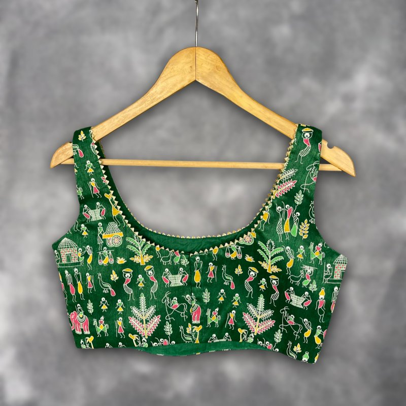 Dreamy Warli Green Coloured Art Row Silk Ready to Wear Blouse - kapda Tailor