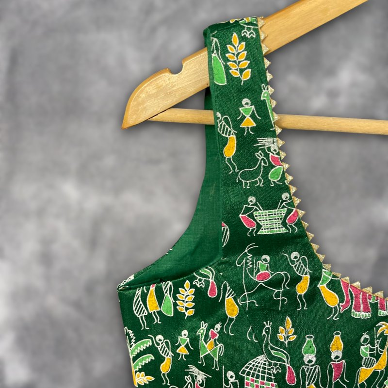 Dreamy Warli Green Coloured Art Row Silk Ready to Wear Blouse - kapda Tailor