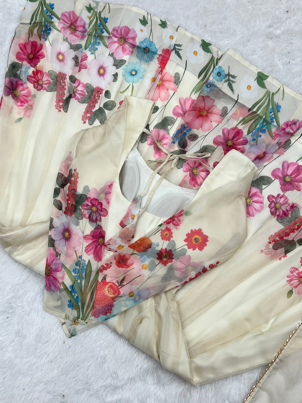 Lorenvalley Fashion Cream Soft Organza Silk With Floral Print Fully Flared Anarkali Pant With Dupatta Set - Cream