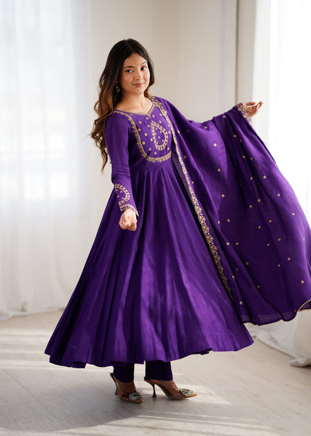 Evanik Women Purple Embroidered Beads Work Anarkali Kurta with Dupatta