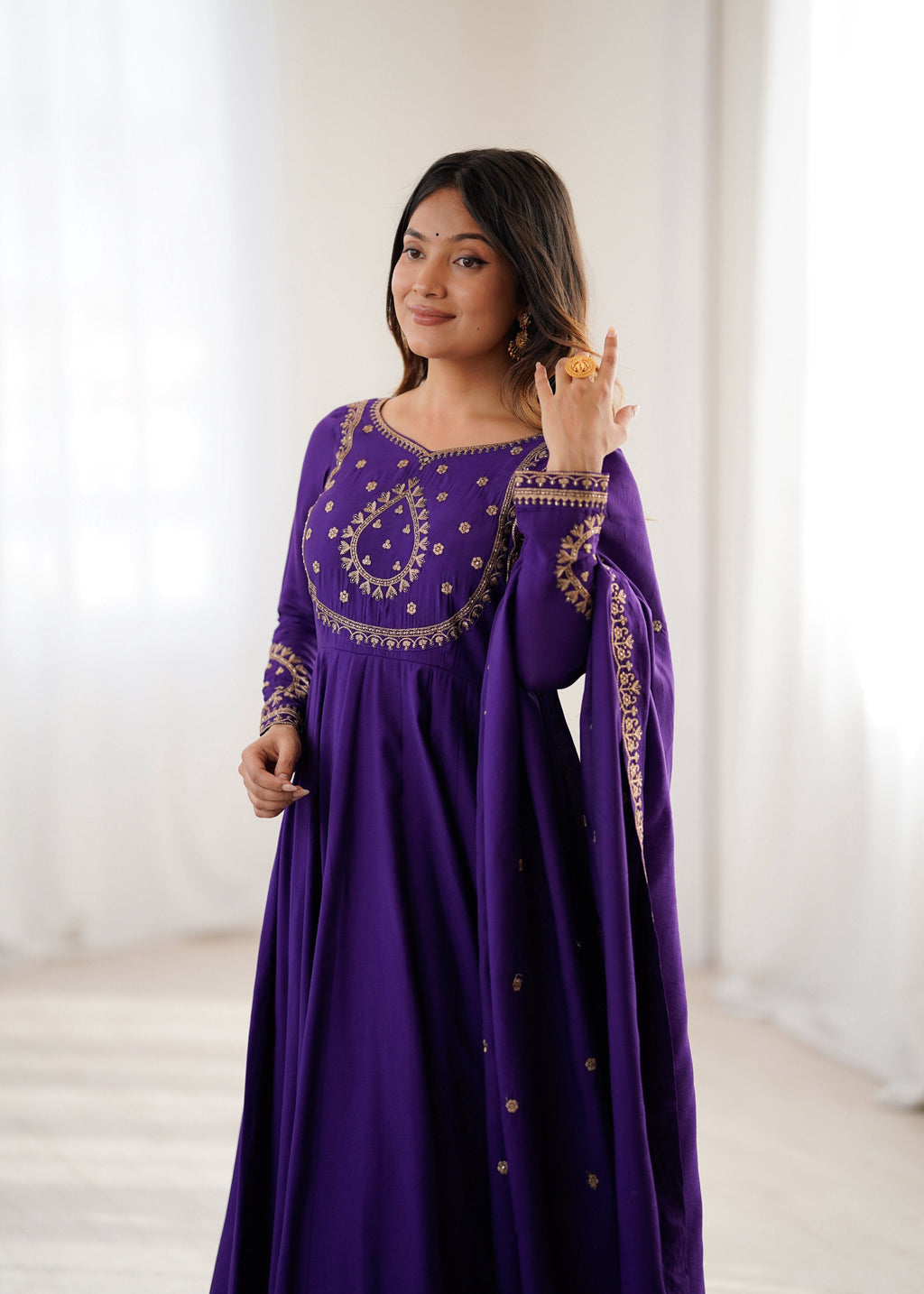Evanik Women Purple Embroidered Beads Work Anarkali Kurta with Dupatta - Distacart