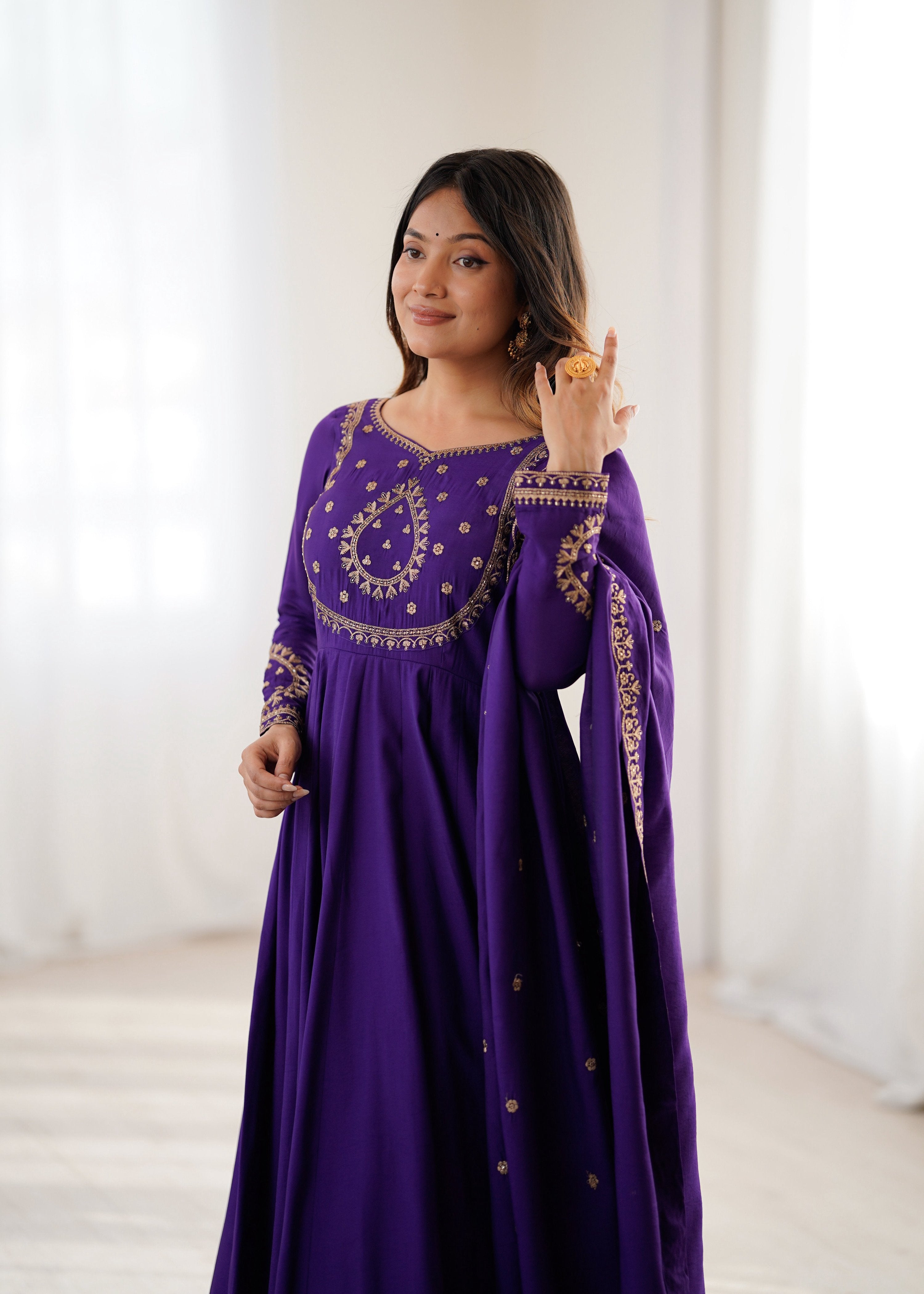 Evanik Women Purple Embroidered Beads Work Anarkali Kurta with Dupatta - Distacart