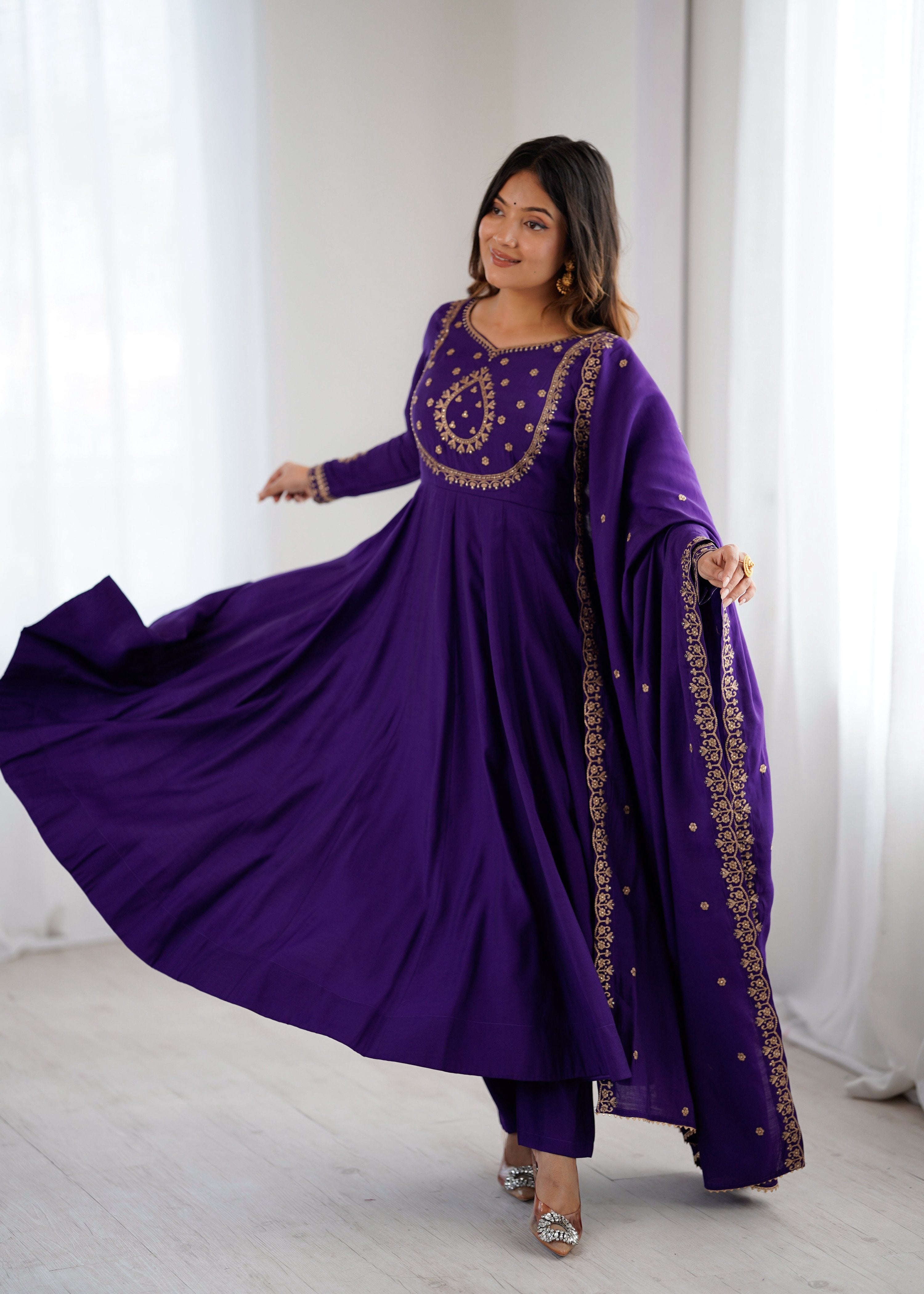 Evanik Women Purple Embroidered Beads Work Anarkali Kurta with Dupatta - Distacart