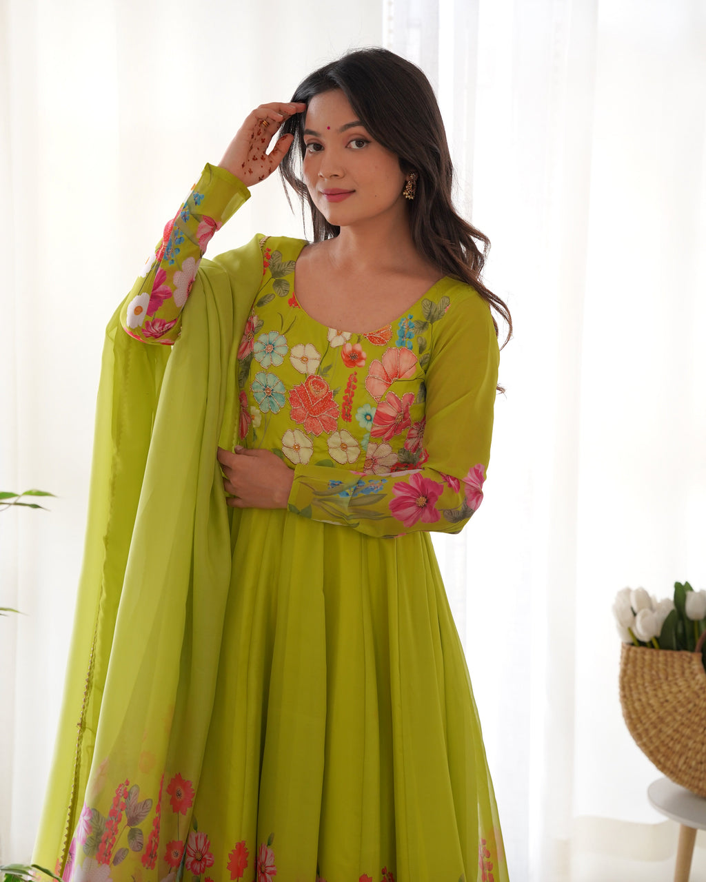 Lorenvalley Fashion Parrot Soft Organza Silk With Floral Print Fully Flared Anarkali Pant With Dupatta Set - Green