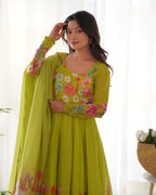 Lorenvalley Fashion Parrot Soft Organza Silk With Floral Print Fully Flared Anarkali Pant With Dupatta Set - Green