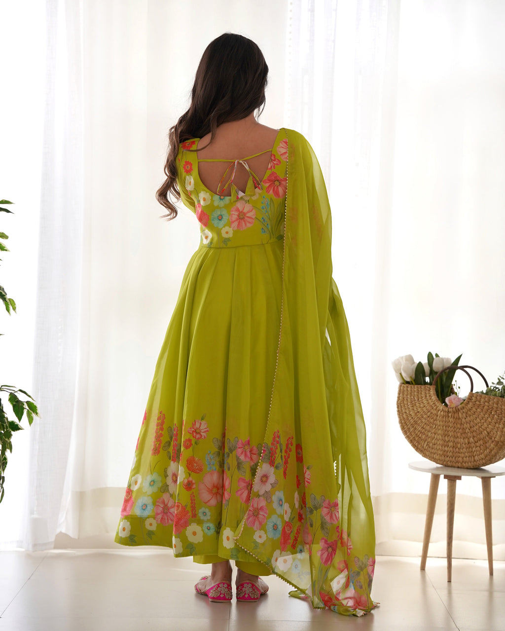 Lorenvalley Fashion Parrot Soft Organza Silk With Floral Print Fully Flared Anarkali Pant With Dupatta Set - Green