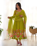 Lorenvalley Fashion Parrot Soft Organza Silk With Floral Print Fully Flared Anarkali Pant With Dupatta Set - Green