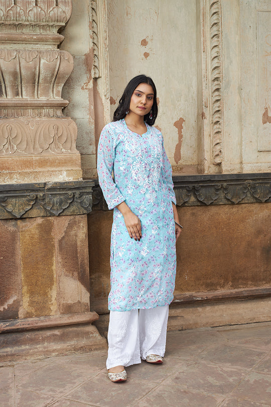 Rangreza Ethnic Eliza Georgette Chikankari Kurta With Inner (Set Of 2) Blue - Distacart
