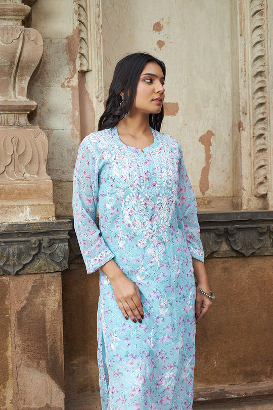 Rangreza Ethnic Eliza Georgette Chikankari Kurta With Inner (Set Of 2) Blue - Distacart