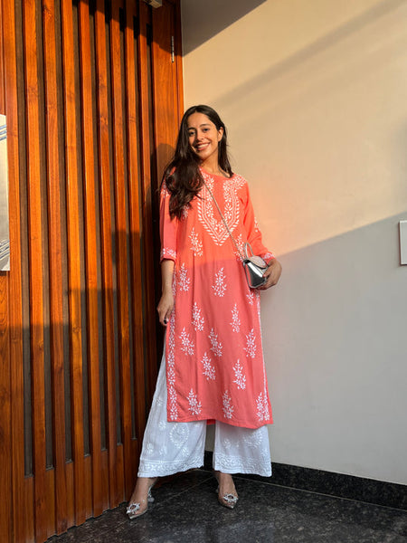 Rangreza Ethnic Liya Chikankari Rayon Kurta Peach