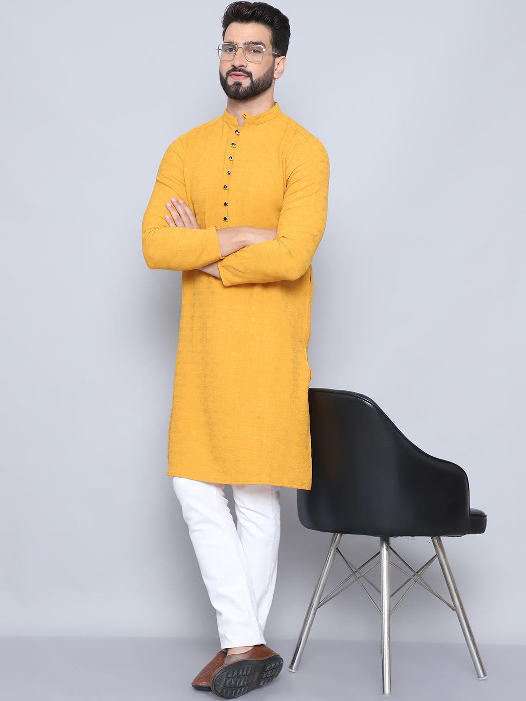 Even Apparels Men's Loop Button Yellow Kurta