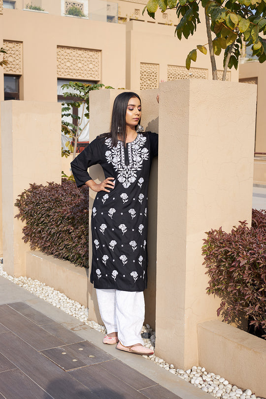 Rangreza Ethnic Chikankari Rayon Kurta Black - Distacart