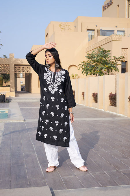 Rangreza Ethnic Chikankari Rayon Kurta Black