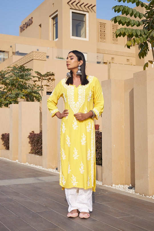 Rangreza Ethnic Liya Chikankari Rayon Kurta Yellow - Distacart