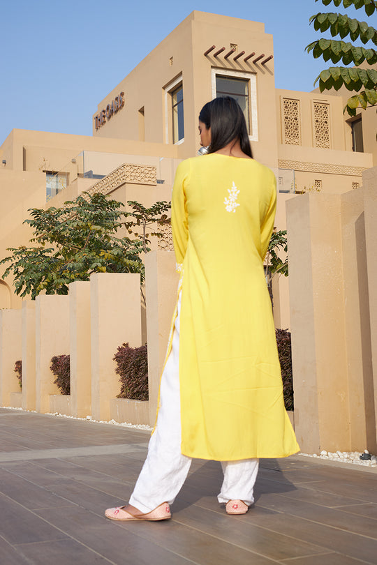 Rangreza Ethnic Liya Chikankari Rayon Kurta Yellow - Distacart