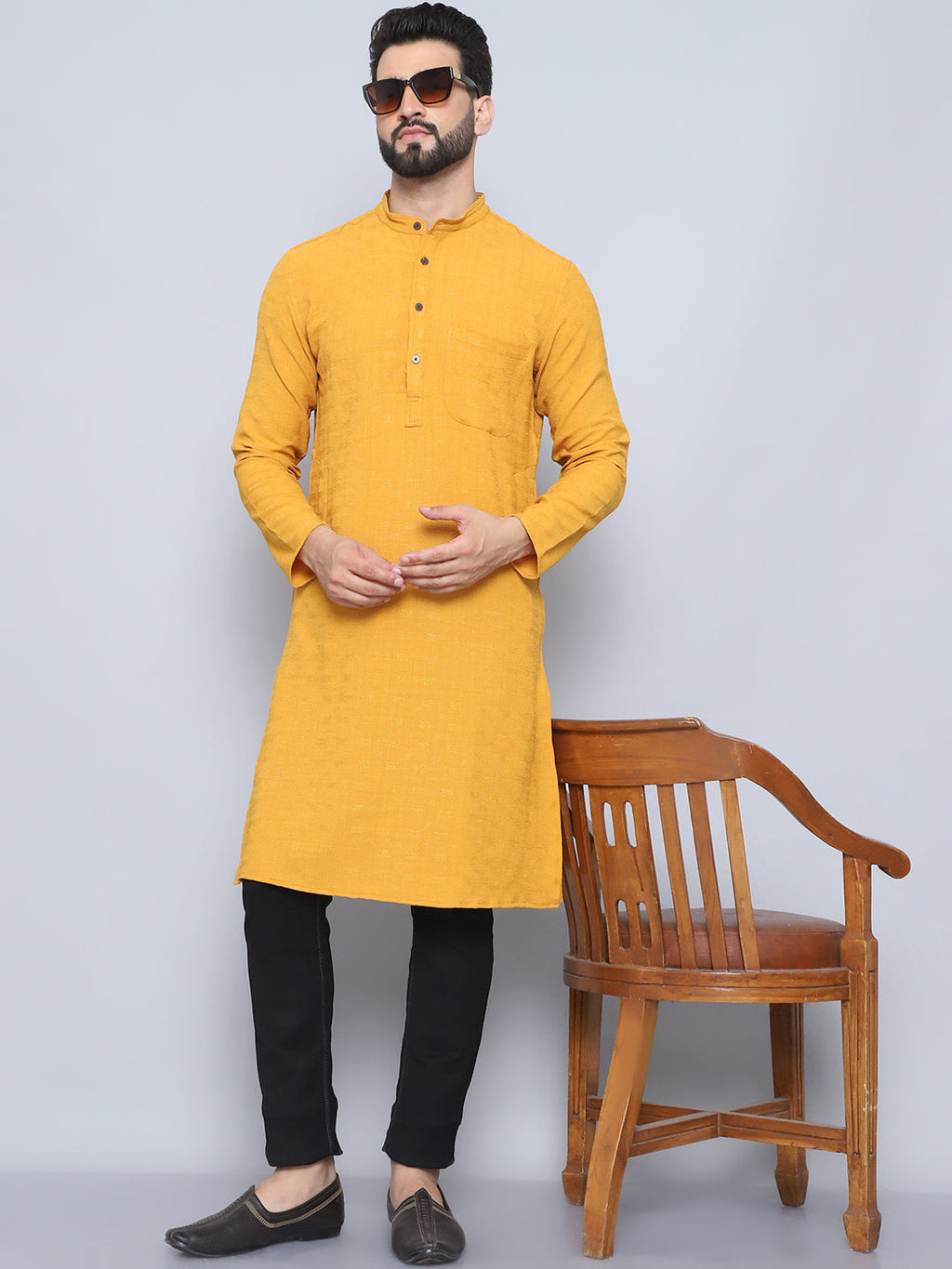 Even Apparels Men's Self Design Yellow Kurta