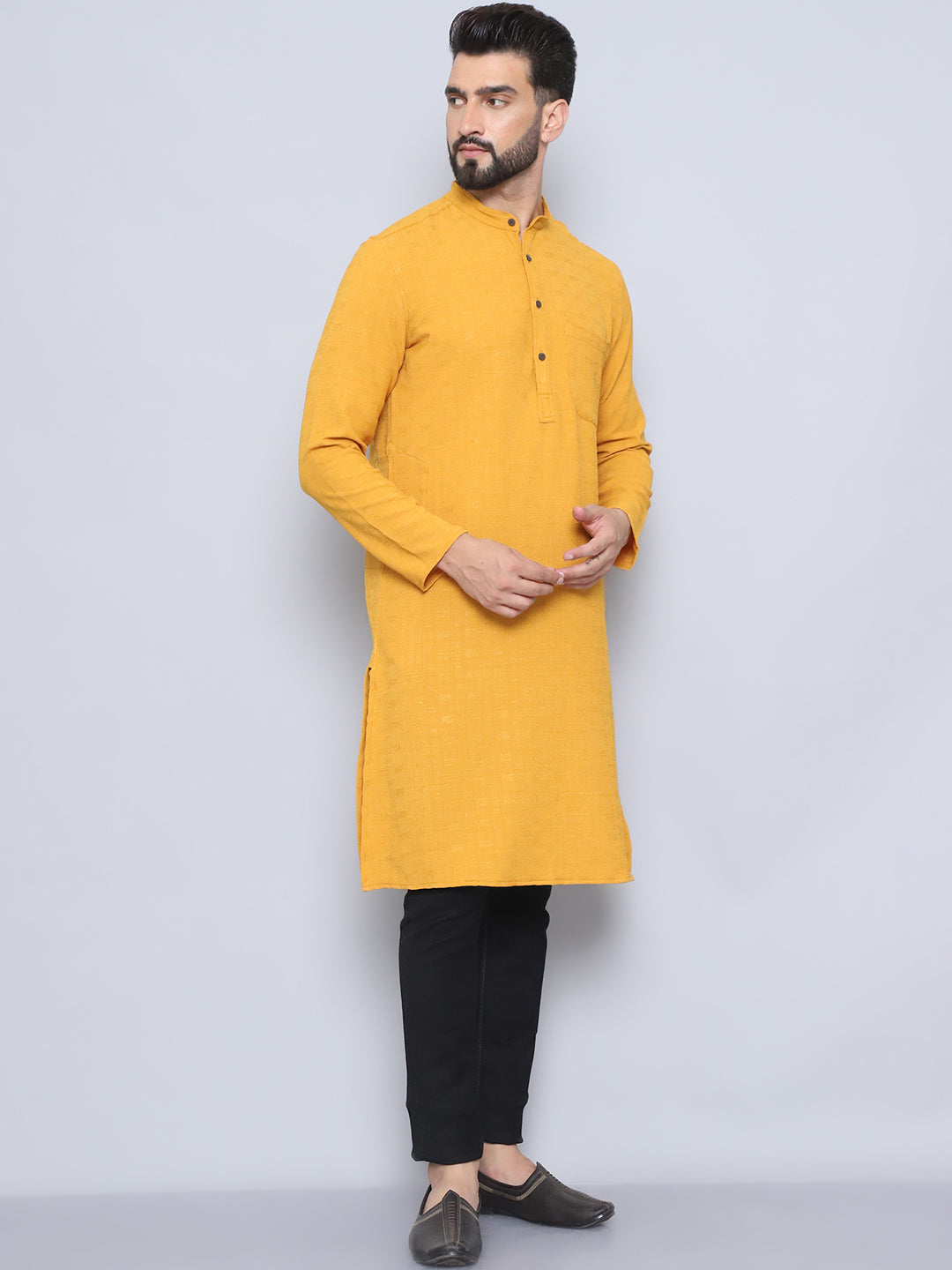 Even Apparels Men's Self Design Yellow Kurta