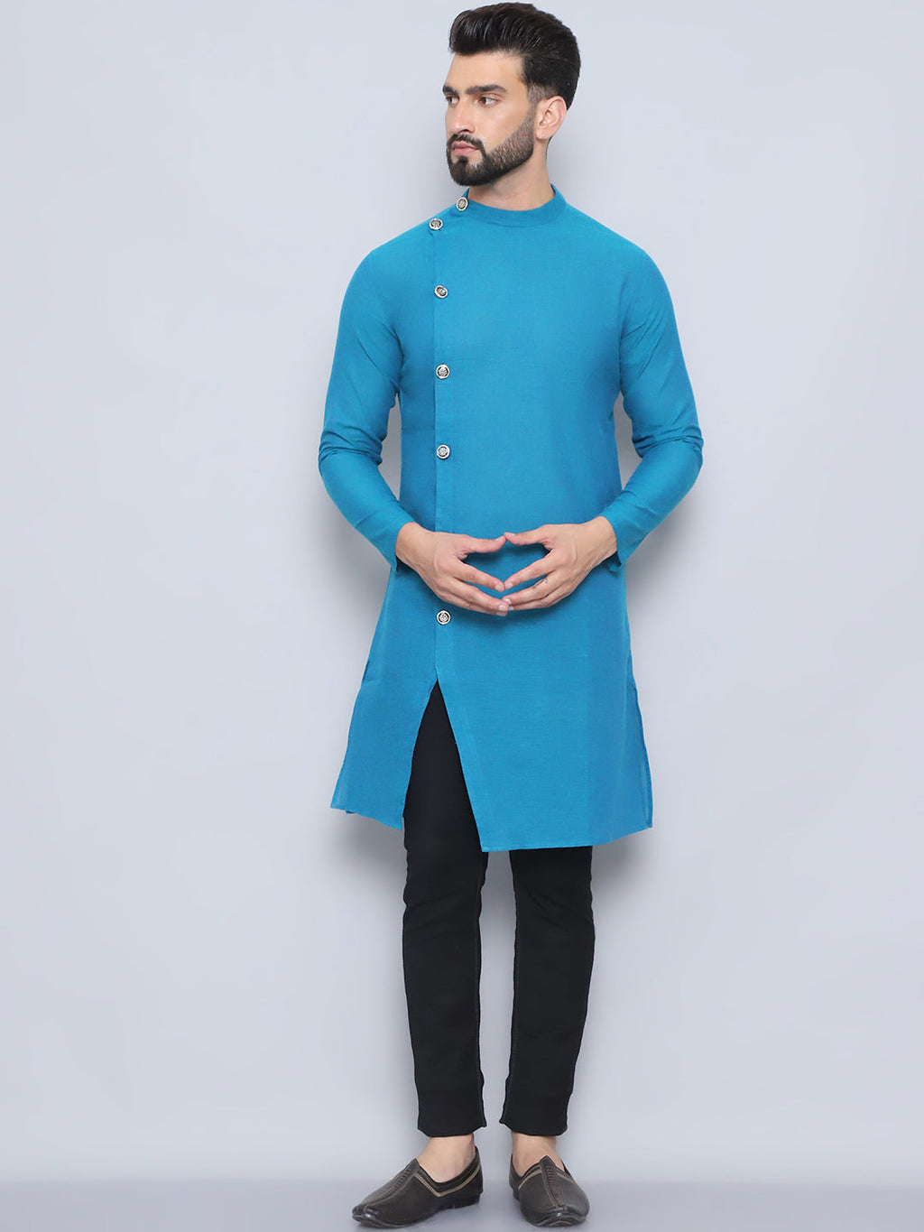 Even Apparels Men's Pure Cotton Blue Sherwani Kurta