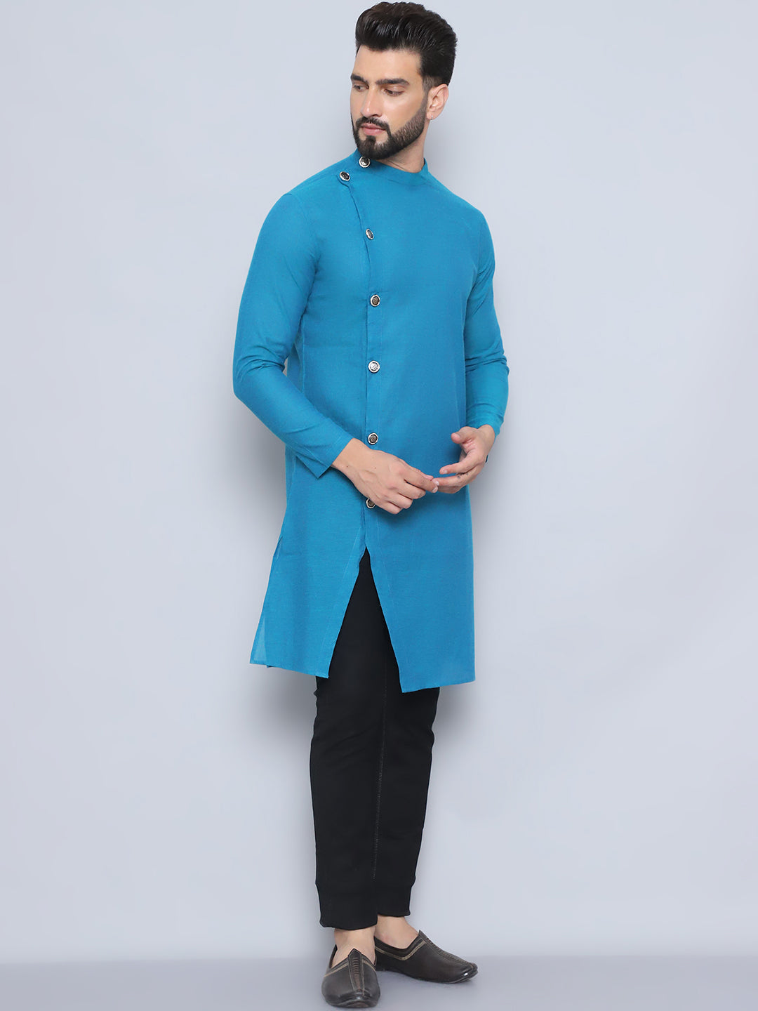 Even Apparels Men's Pure Cotton Blue Sherwani Kurta