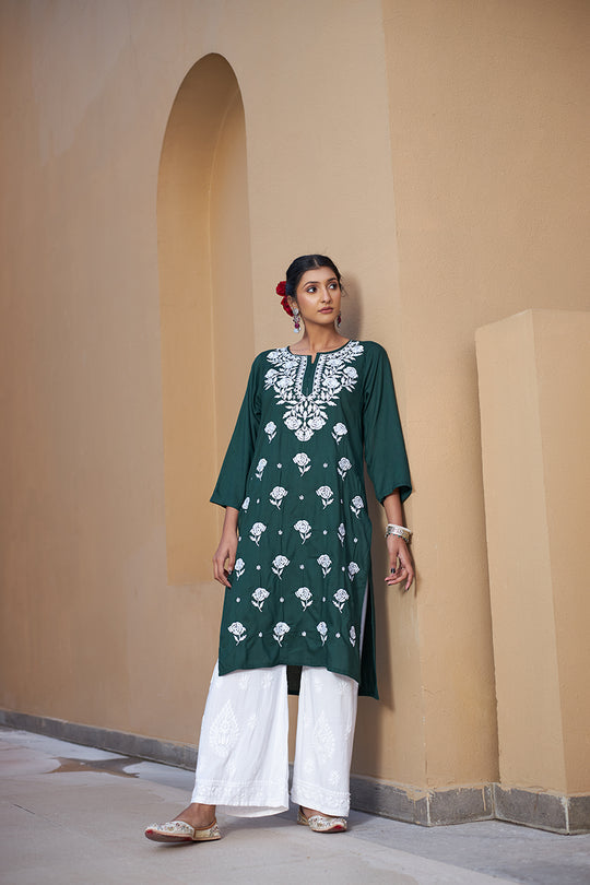Rangreza Ethnic Chikankari Rayon Kurta Green - Distacart