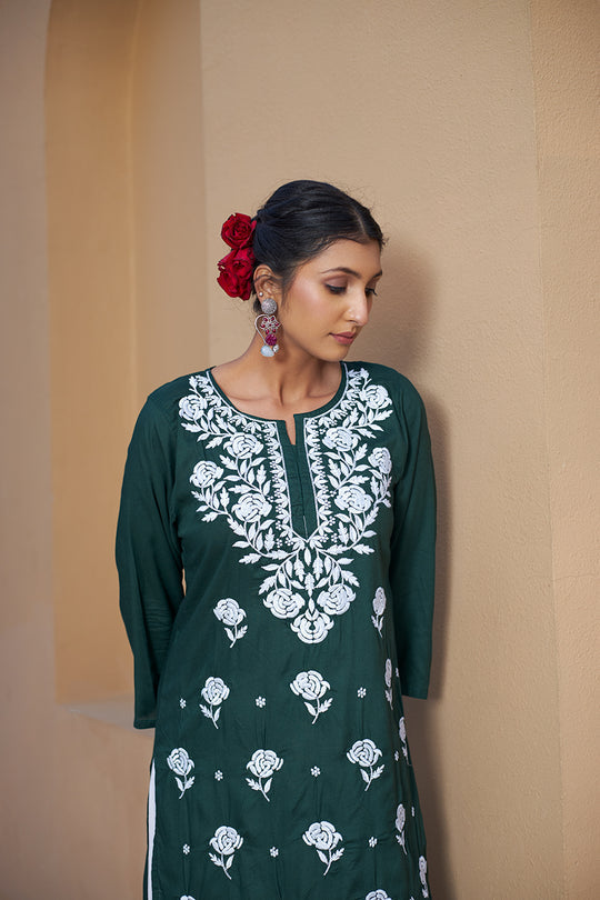 Rangreza Ethnic Chikankari Rayon Kurta Green - Distacart