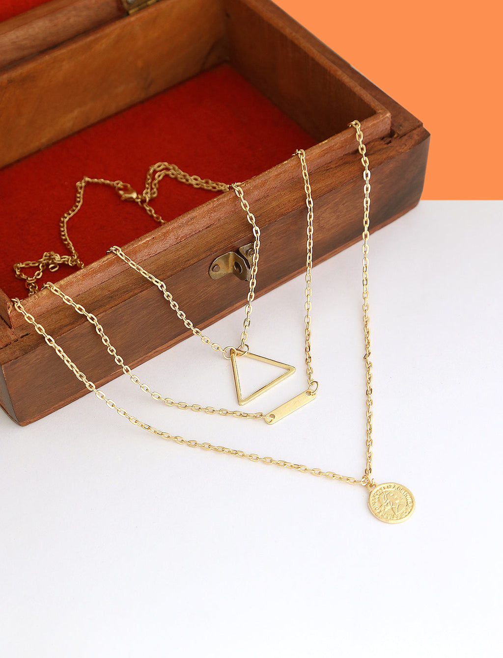 Gold-Polished Alloy Triangle & Coin Charm Necklace - The Pari