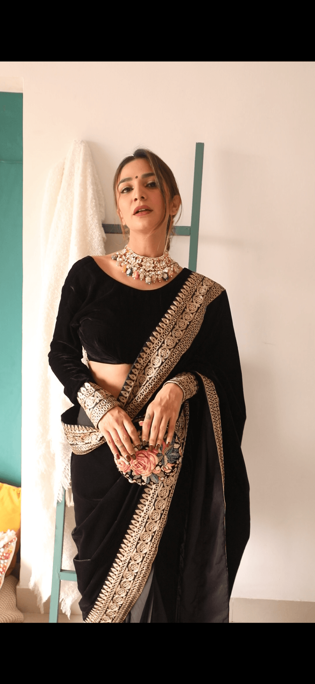 trueBrowns Velvet Silk Embroidered Ready Pleated Saree