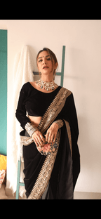 trueBrowns Velvet Silk Embroidered Ready Pleated Saree