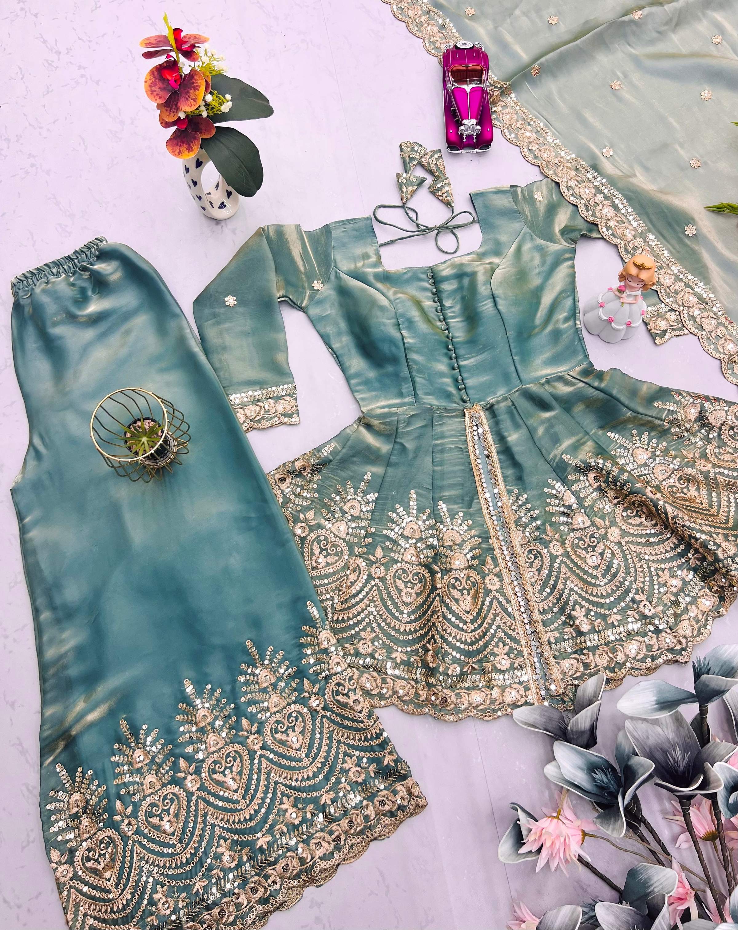 Evanik Seagreen Fendy Satin With Embroidered Real Mirror Work Plazzo Set - Distacart