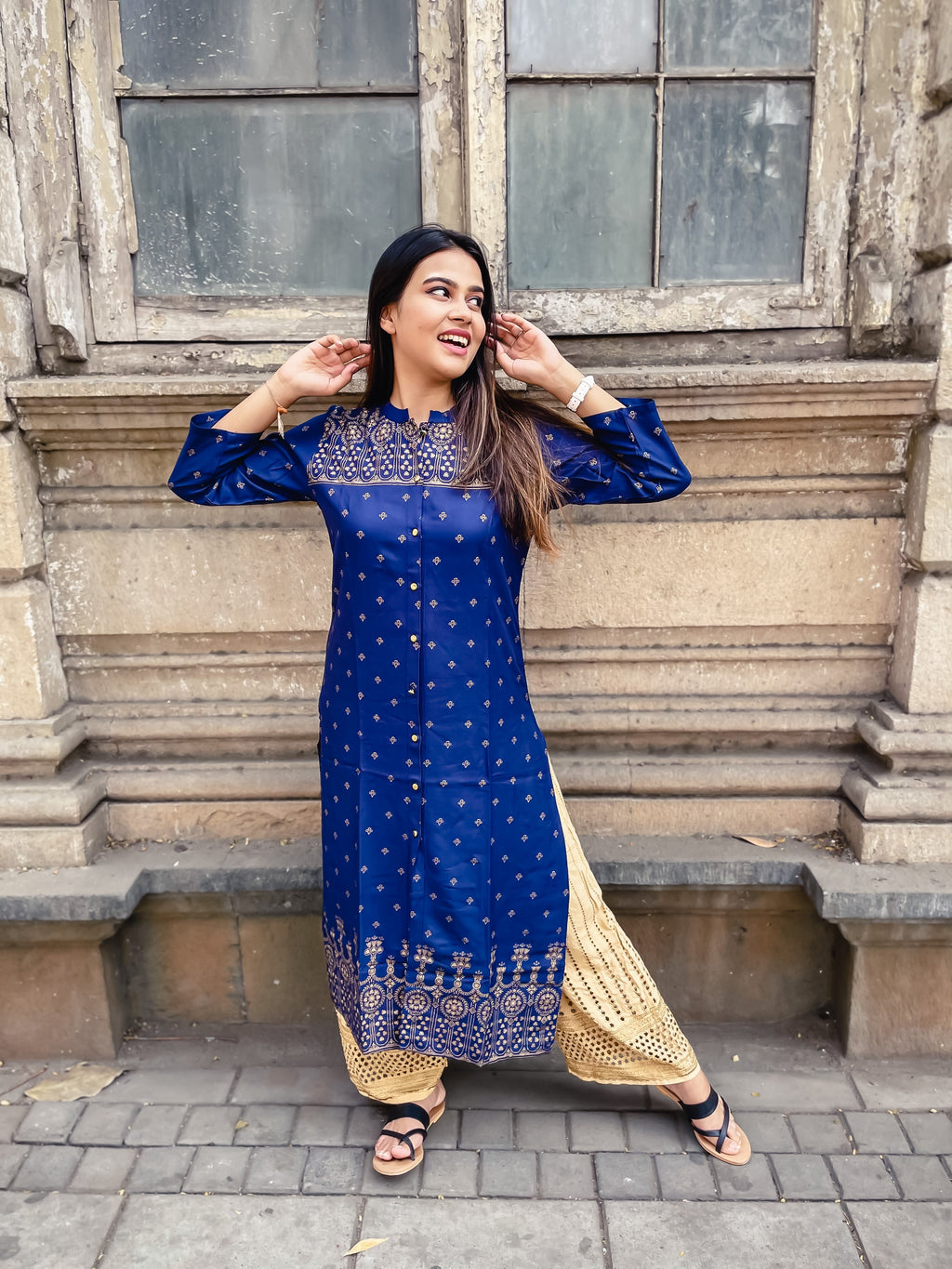 Jompers Women Navy Blue & Golden Block Print Straight Kurta - Distacart
