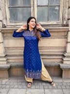 Jompers Women Navy Blue & Golden Block Print Straight Kurta - Distacart